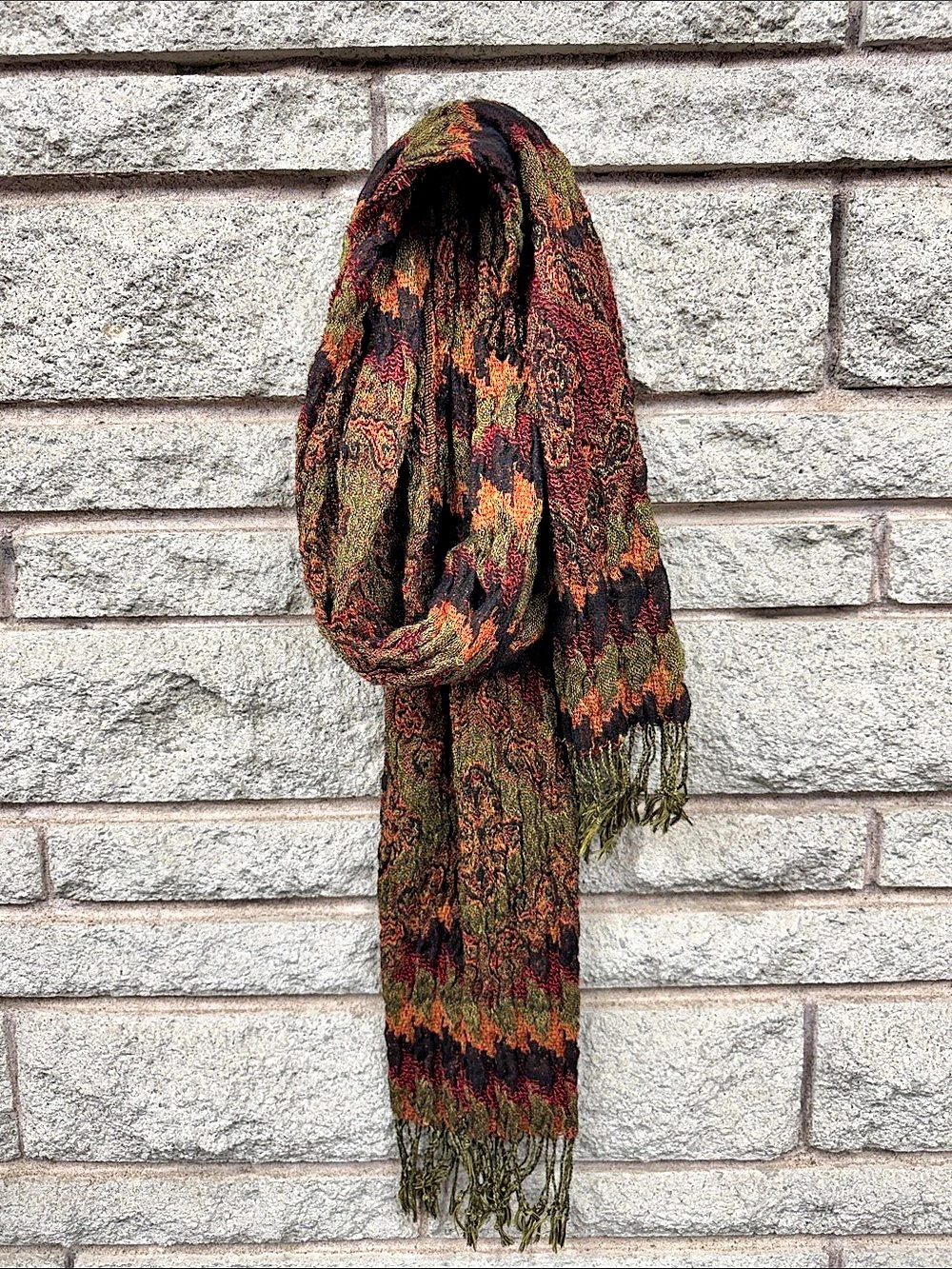 Boho Paisley Woven Crinkle Scarf Olive Burgundy Rust Fringed 78” Long